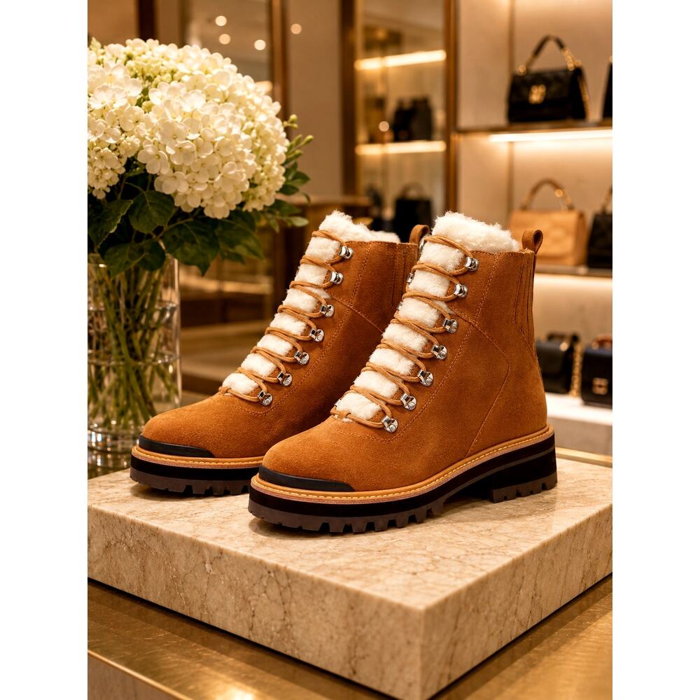 Marc Fisher LTD Izzie Genuine Shearling Lug Sole Boot Dk Brown Suede 7.5